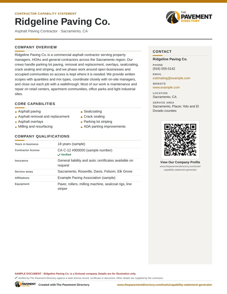 Sample free capability statement for a fictional paving company