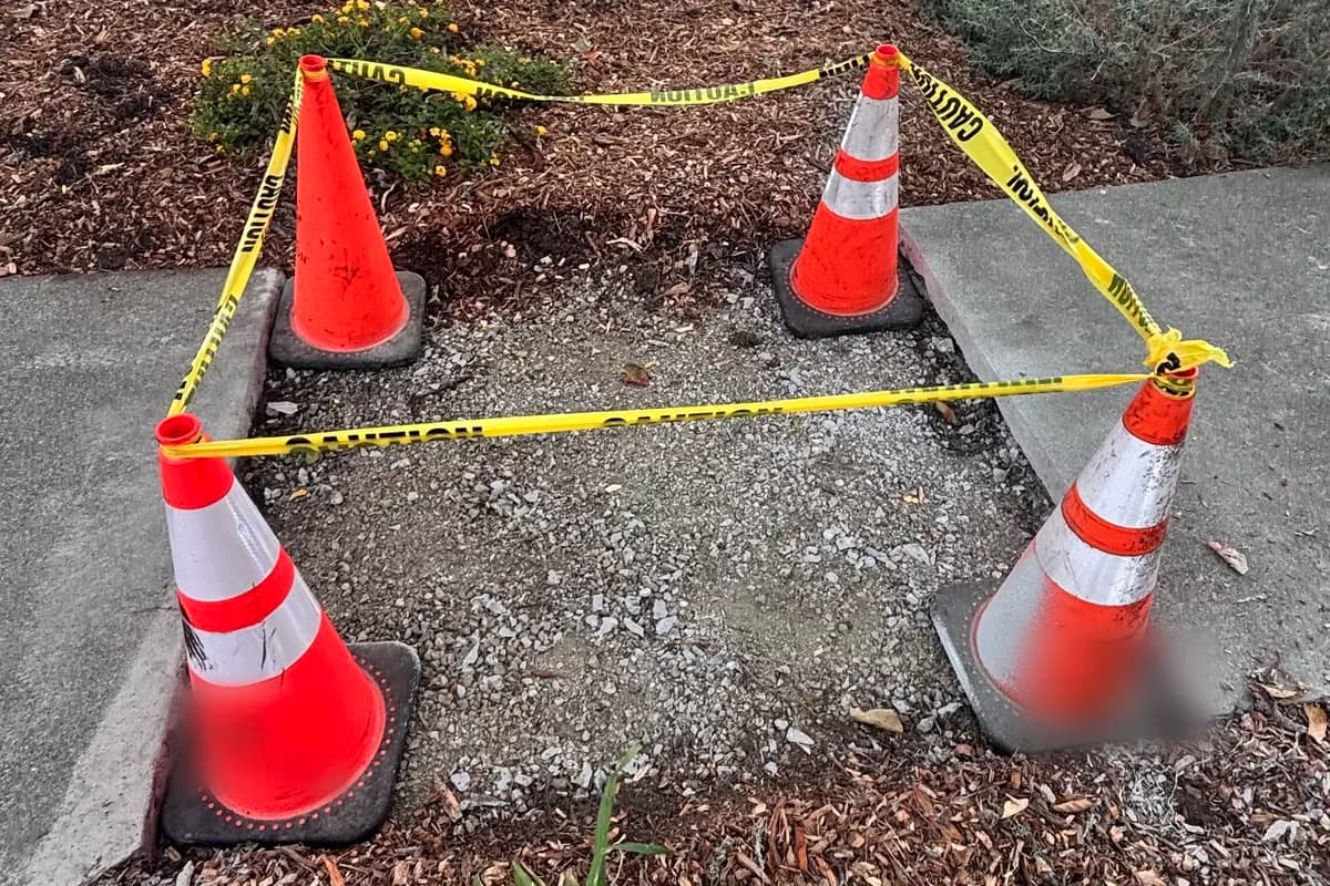 Removed section of concrete sidewalk and curb taped off with cones and caution tape, with the base prepped for a replacement pour.