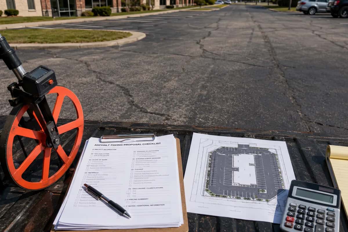 Measuring wheel, asphalt paving proposal checklist, site plan, and calculator laid out on a truck tailgate at a parking lot.
