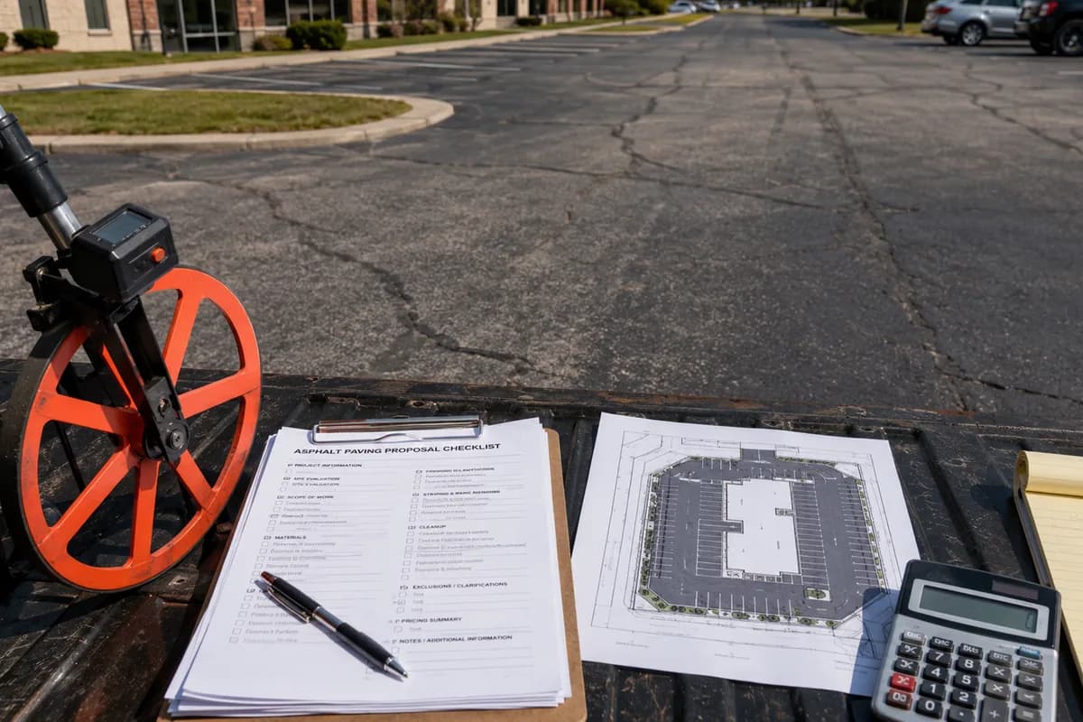 Measuring wheel, asphalt paving proposal checklist, site plan, and calculator laid out on a truck tailgate at a parking lot.