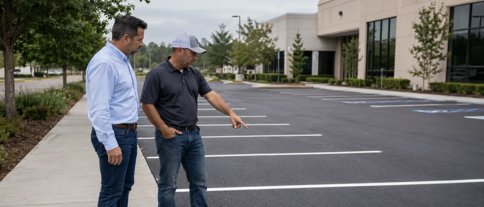 Property manager and contractor reviewing a parking lot together during a site walk.