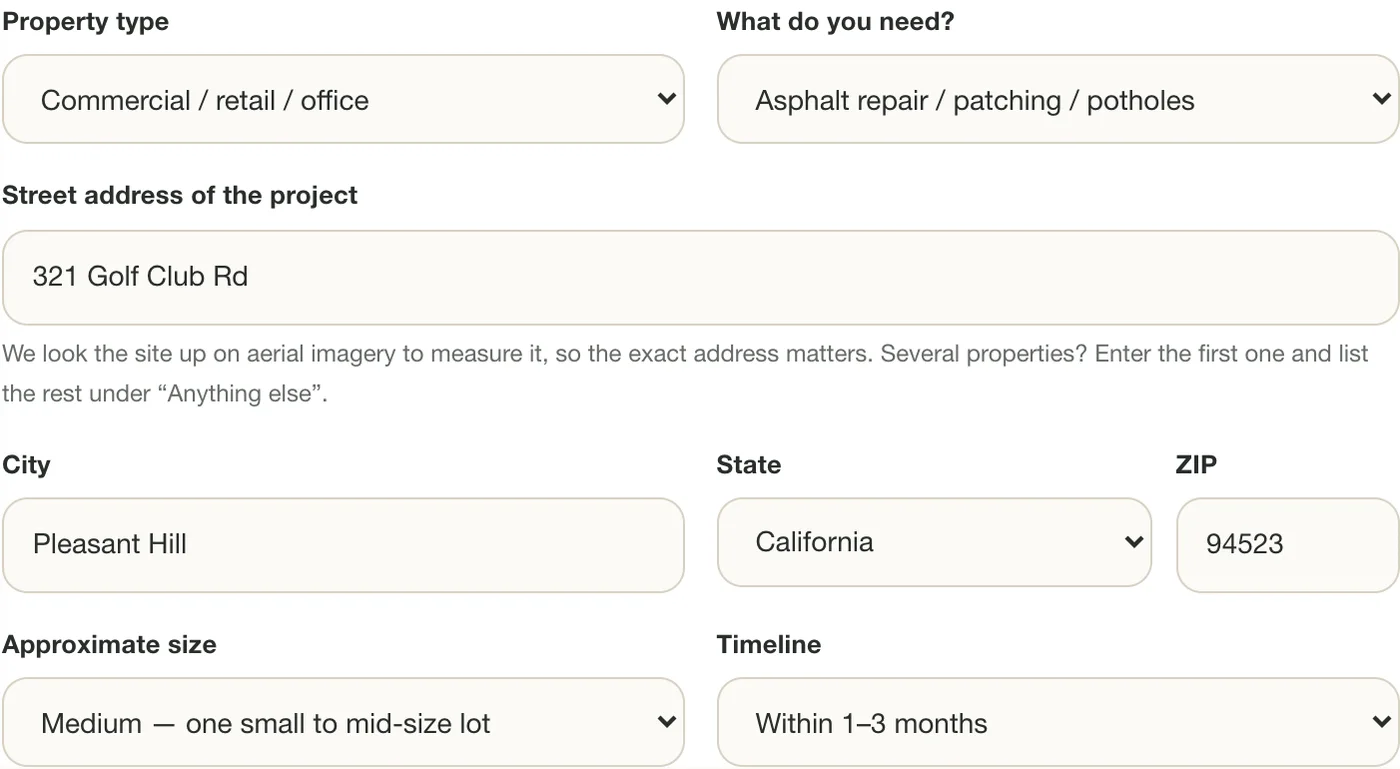The property section of the quote form with property type, service, street address, city, state, ZIP, size and timeline filled in.