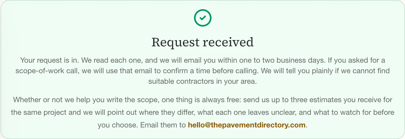 A green confirmation box reading Request received, with a note about when to expect an email.