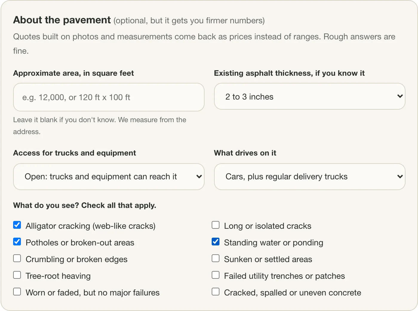 The About the pavement section of the quote form with area, access and traffic selections and a checklist of pavement problems with several items checked.