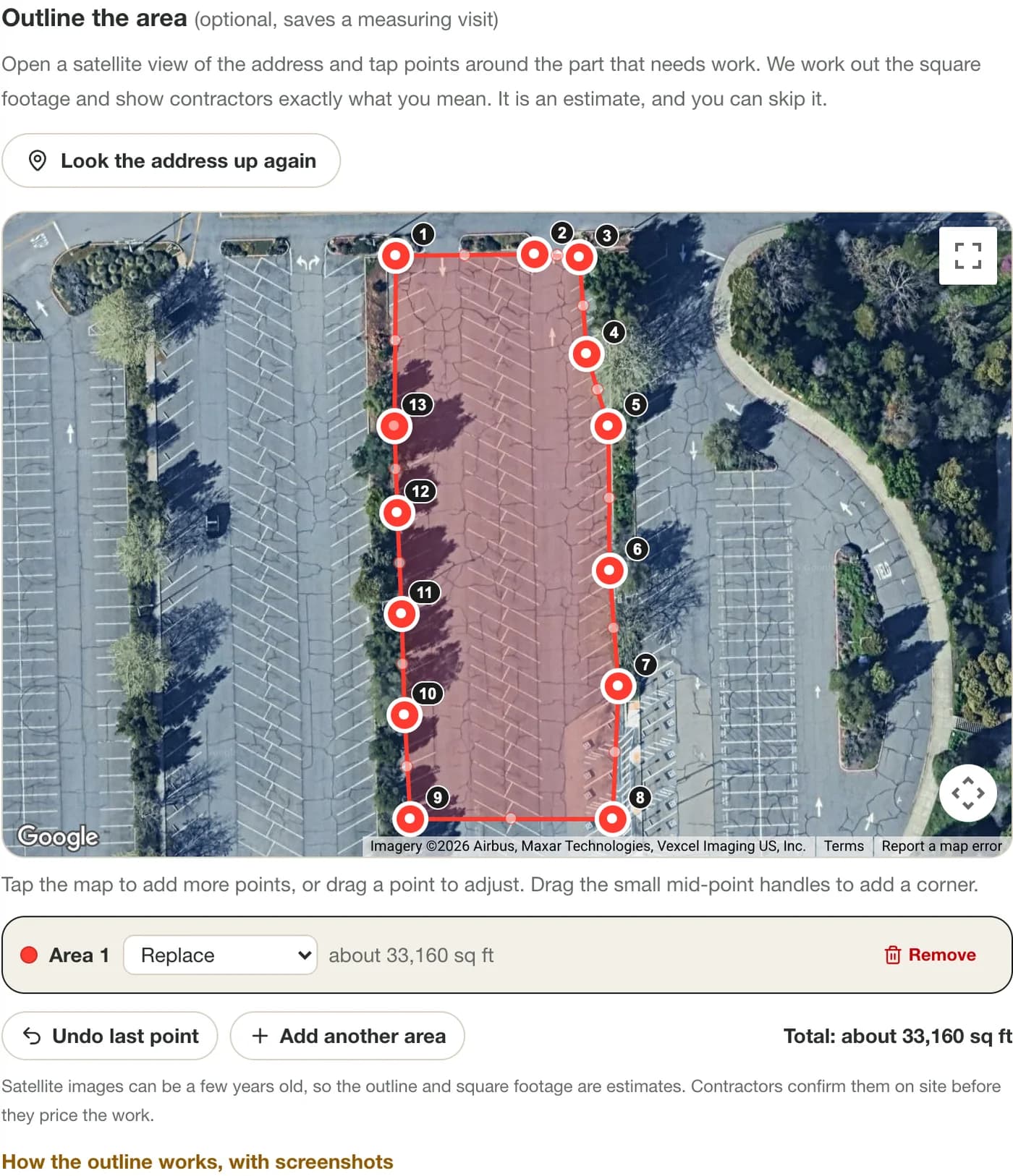 A satellite map of a parking lot with a red shaded outline drawn around the pavement, a numbered dot at each corner, and the estimated square footage shown below the map.