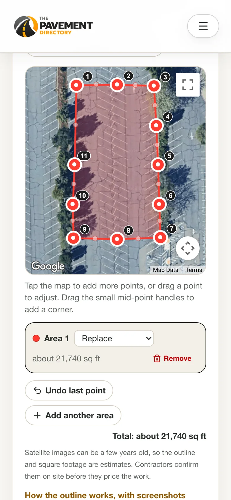A phone showing the satellite map outline tool with a red shaded outline, numbered corner dots and an estimated square footage below it.