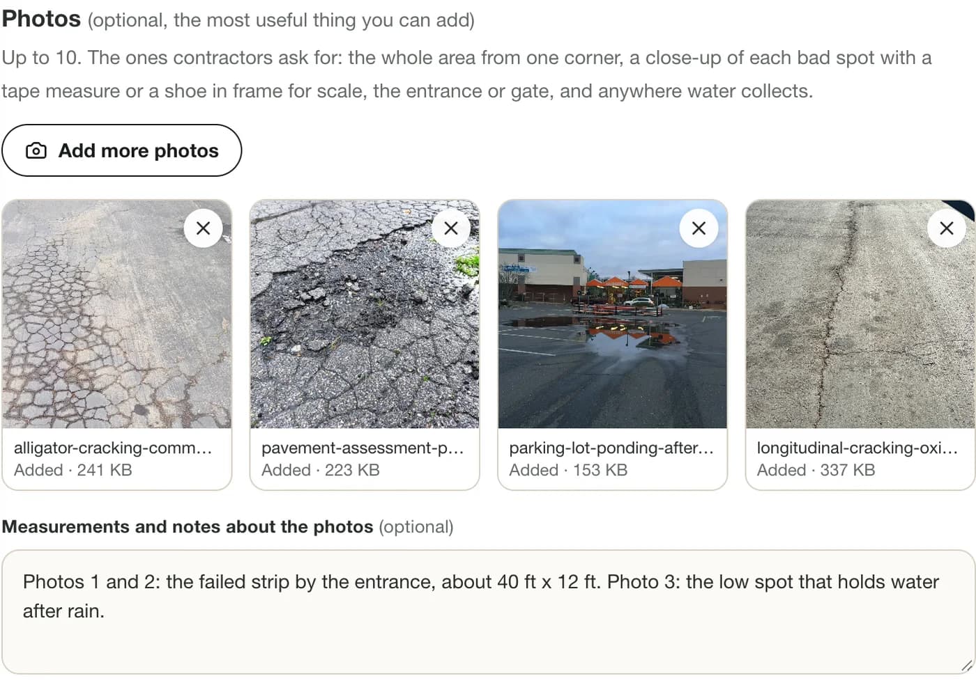 The photos section of the quote form showing four uploaded pavement photos as thumbnails and a notes box for measurements.