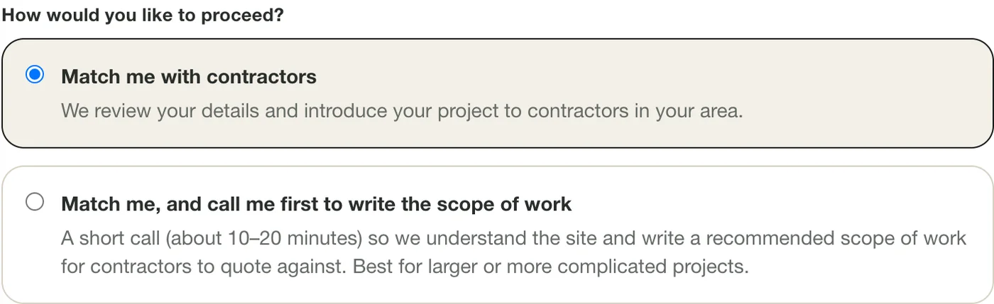 The top of the quote request form showing two choices: match me with contractors, or match me and call me first to write the scope of work.
