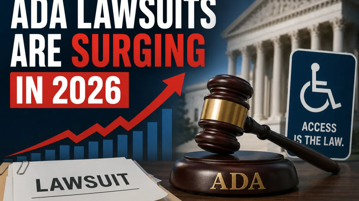 Illustration of a gavel, a lawsuit folder and an accessible parking sign under the headline “ADA Lawsuits Are Surging in 2026”