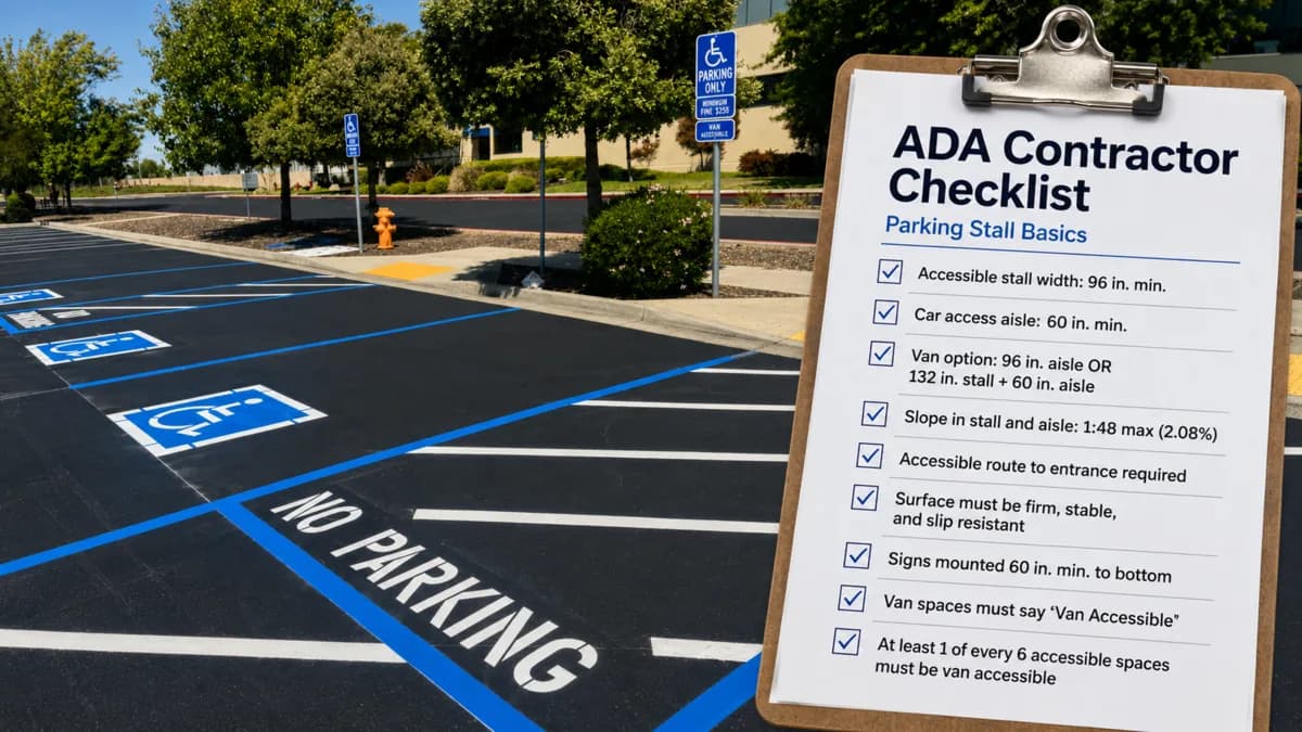 Accessible parking stalls with blue striping and 'No Parking' access aisles beside an ADA contractor checklist of stall and aisle requirements.