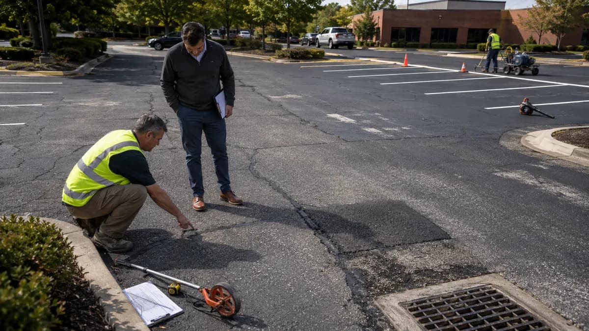 Property manager and pavement professional inspecting cracks, patches, and a drain inlet in a commercial asphalt parking lot.