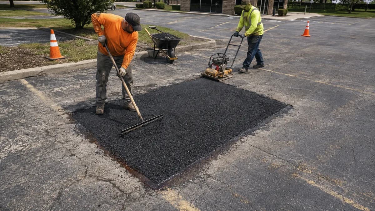 Crew raking and compacting hot mix in a sawcut rectangular patch in a commercial parking lot.