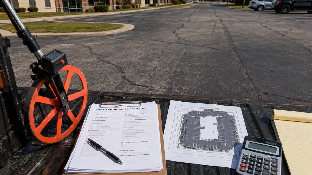 Asphalt paving proposal checklist, site diagram, and measuring wheel on a truck tailgate.
