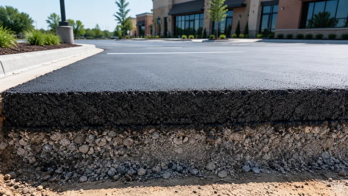 Cross-section edge of freshly paved asphalt showing compacted thickness over an aggregate base.