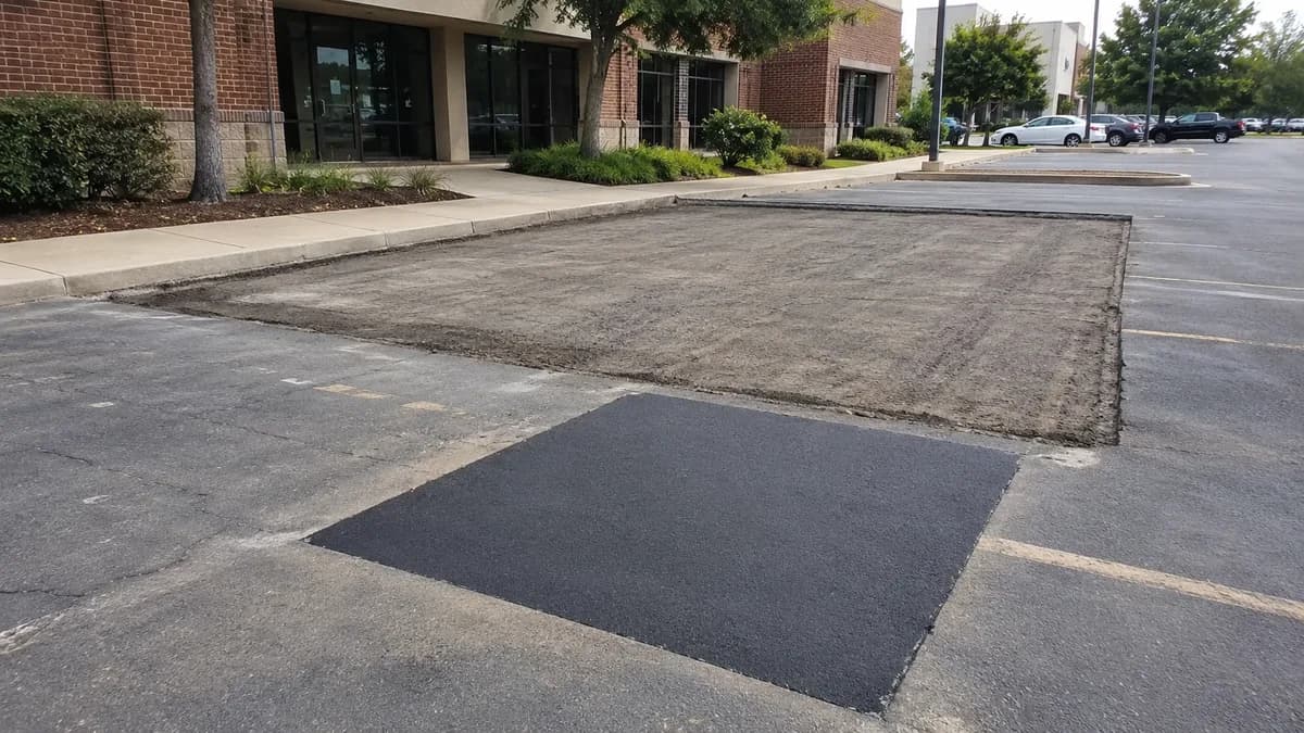 A prepared asphalt repair patch area next to a larger section of a commercial parking lot.