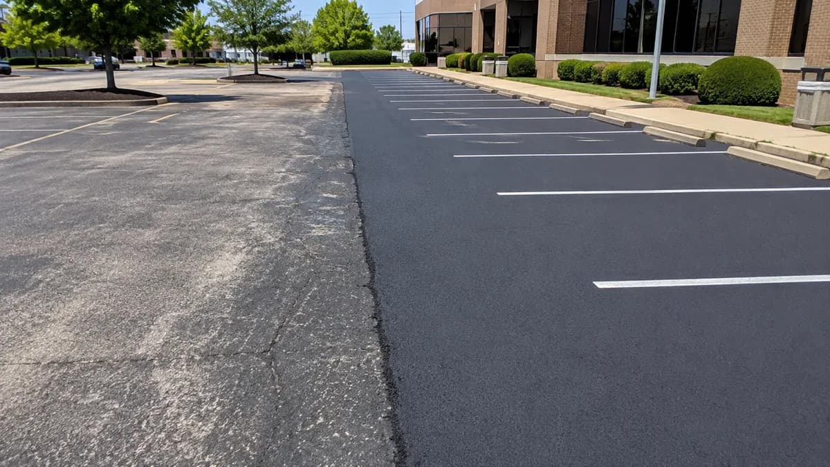 A parking lot edge where new asphalt overlay meets older, worn existing pavement.