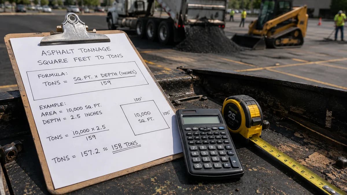 Clipboard with a handwritten asphalt tonnage calculation, calculator, and tape measure on a truck bed, with a dump truck unloading hot mix behind it.