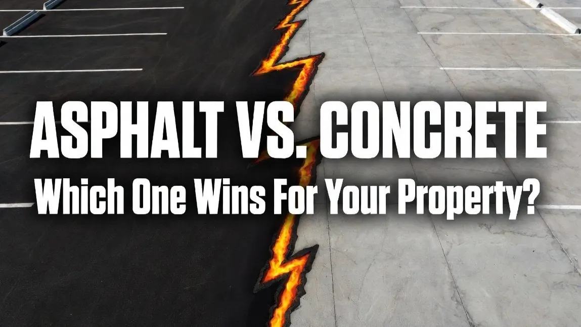 Title illustration splitting an asphalt surface from a concrete one with a lightning-bolt crack, under the headline “Asphalt vs. Concrete: Which One Wins for Your Property?”