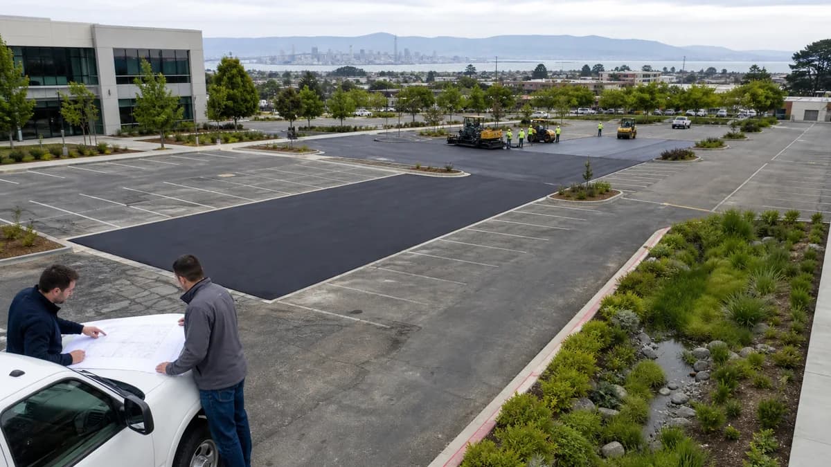 Aerial view of a Bay Area commercial parking lot plan with pavement replacement areas and green stormwater treatment zones.