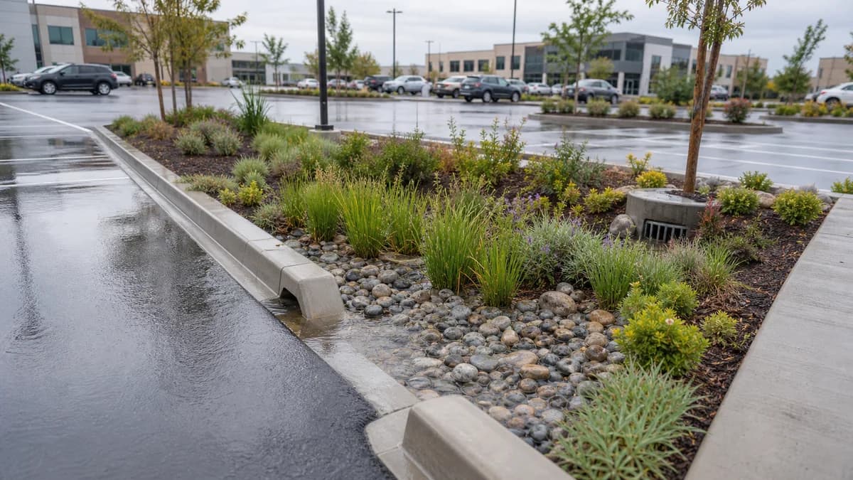 California parking lot runoff entering a landscaped bioretention basin through a curb opening with healthy native plants.