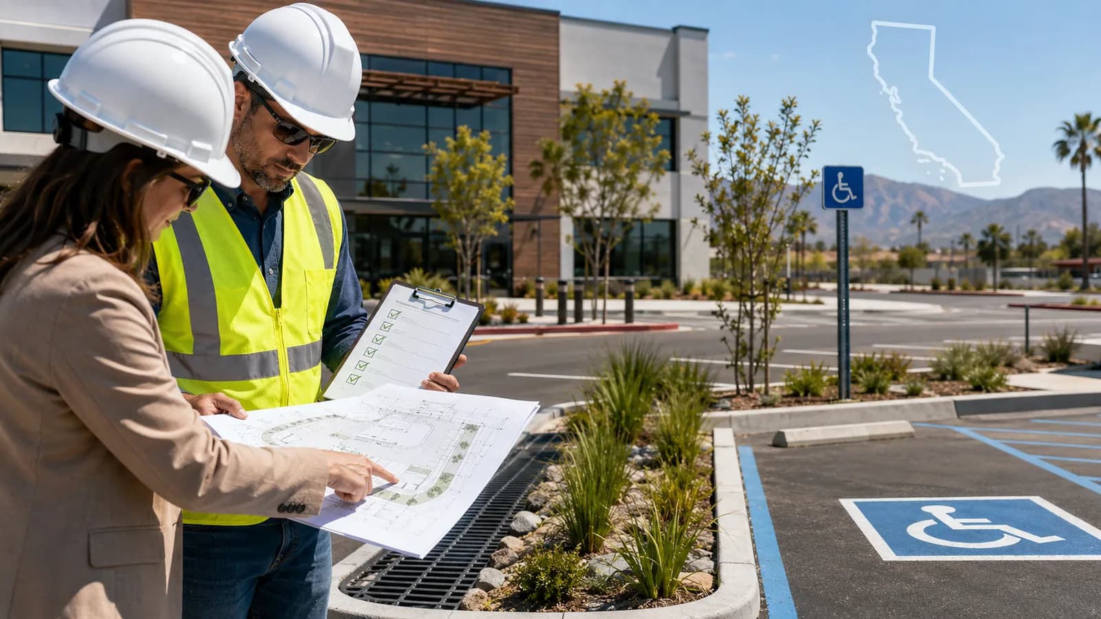 A property manager and a contractor reviewing a site plan and permit checklist beside a commercial lot showing accessible stalls and signage, a trench drain, and a bioretention planter.