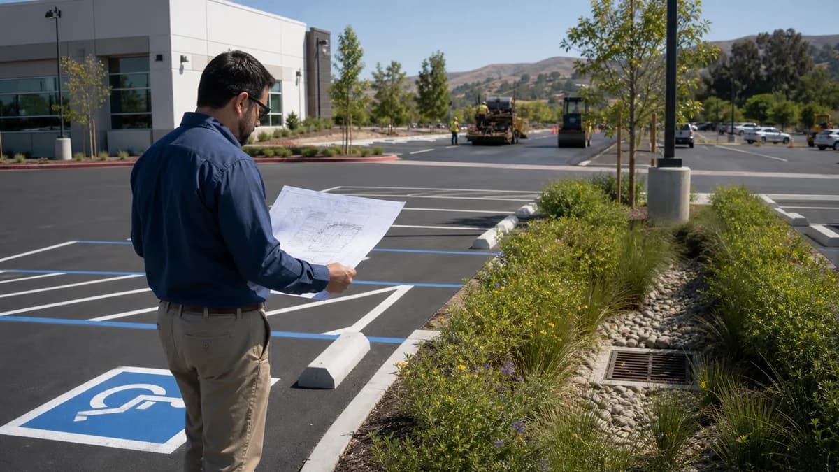 California property manager reviewing pavement regulations and parking lot project requirements.