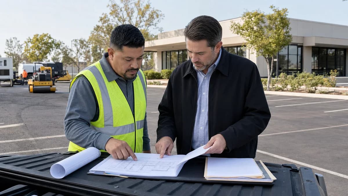 Property manager reviewing California paving contractor license and project scope information.