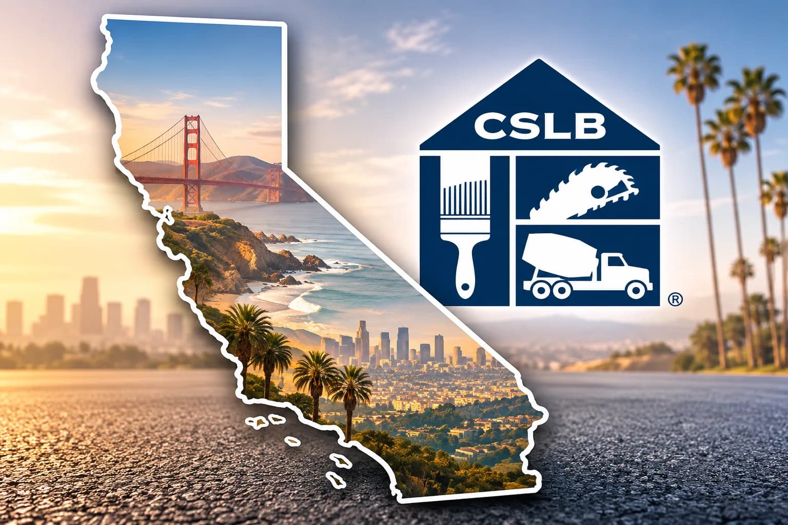 An outline of California filled with state scenery, set beside the CSLB logo over a stretch of asphalt.
