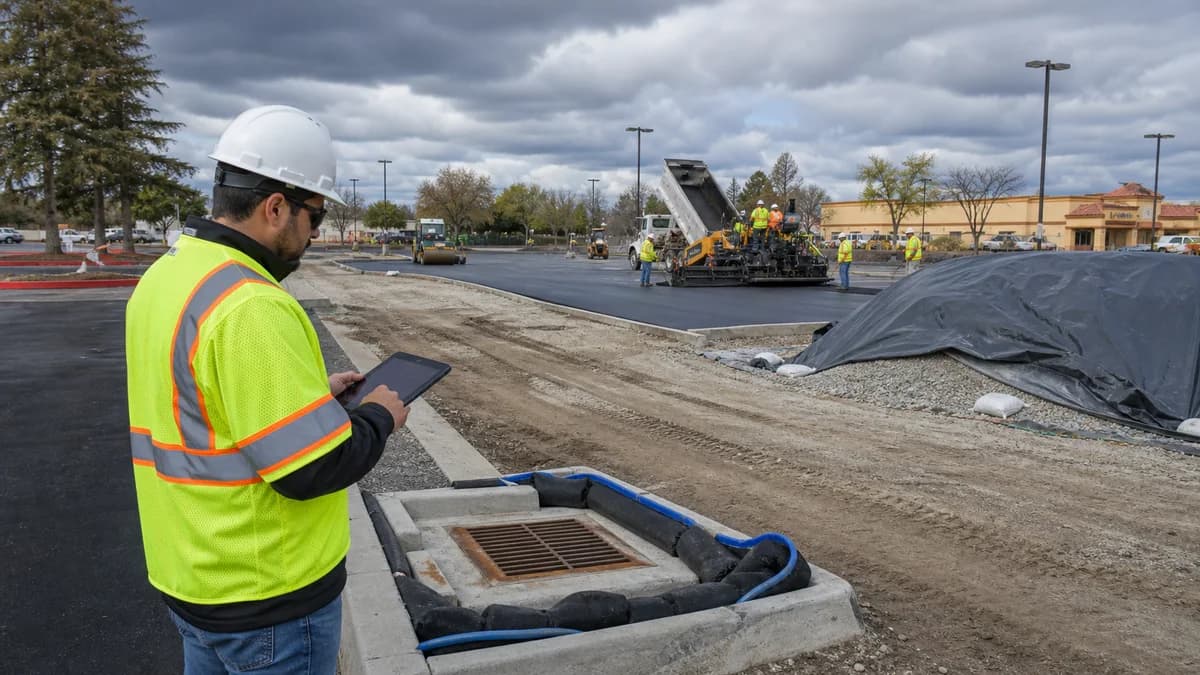Stormwater professional inspecting inlet protection and active paving controls at a California commercial site before rain.