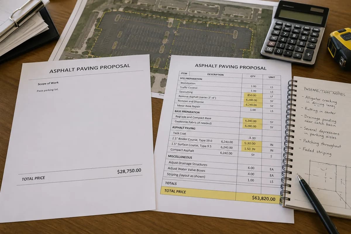 A vague one-line asphalt paving proposal next to a detailed, itemized proposal with inspection notes.
