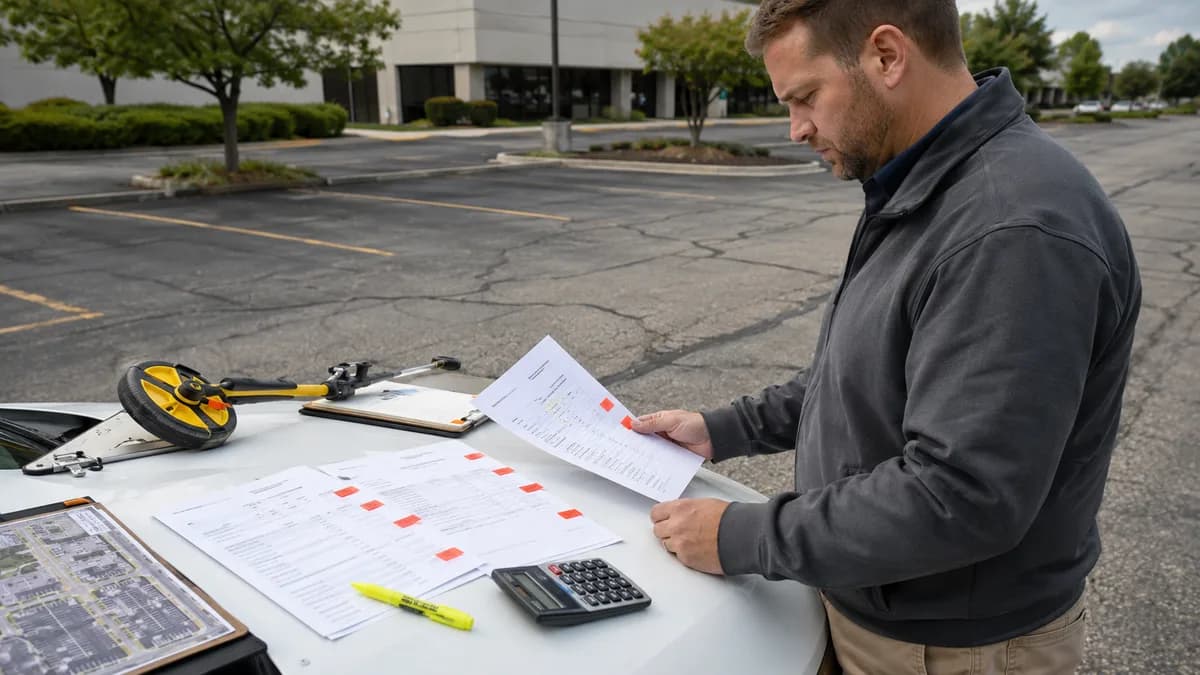Sealcoating proposals with specific line items circled in red, reviewed on a truck hood with a measuring wheel and site map.