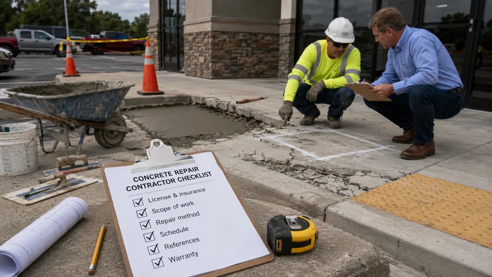 Concrete repair contractor checklist on a clipboard beside a broken sidewalk panel, with a contractor and property manager marking the repair area behind it.