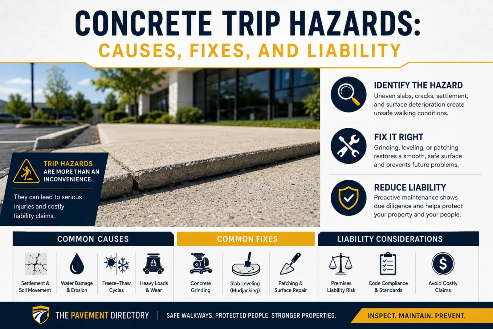 Raised, offset sidewalk panel creating a trip hazard outside a commercial building, with panels summarizing common causes, repair options such as grinding, slab leveling, and patching, and liability considerations.