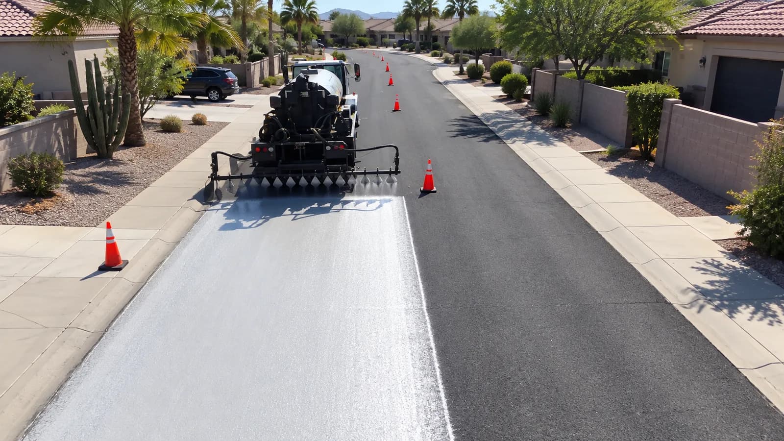 A spray bar towed behind a sealcoat truck laying a light gray reflective coating down a residential street, the treated half meeting untreated black asphalt along a sharp line, with traffic cones set out along the work area.