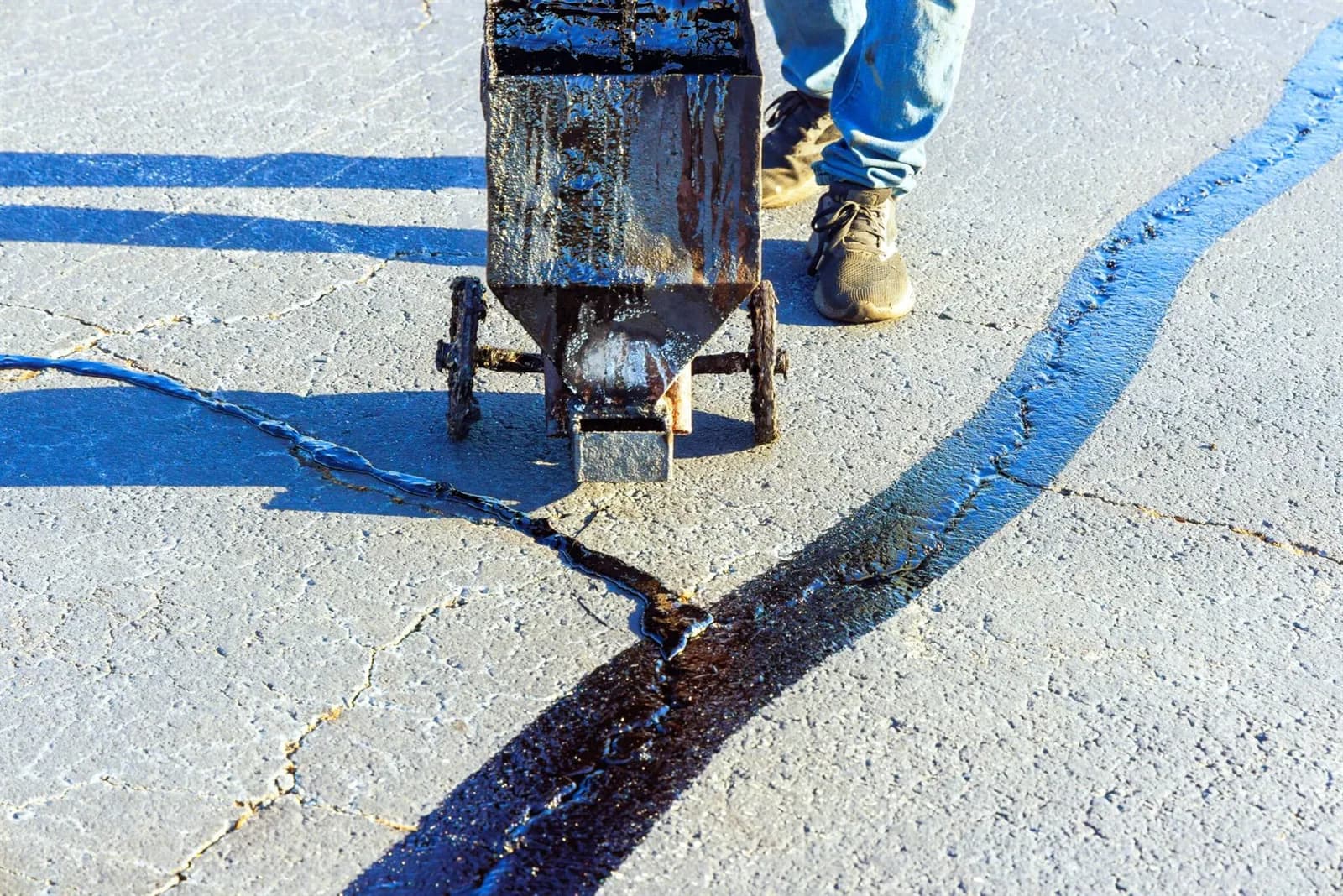 An operator drawing a crack filling machine along a crack in a sealed parking lot surface