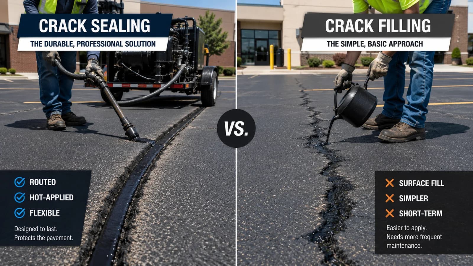 Side-by-side comparison: a crew member sealing a routed crack with hot-applied rubberized sealant from a melter unit, next to a worker pouring cold crack filler over an unrouted crack.