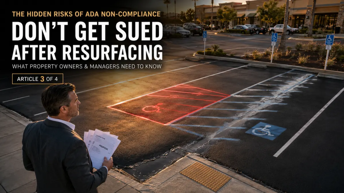 Illustration of a property manager holding plans over a resurfaced lot with an accessible stall outlined in red, under the headline “Don’t Get Sued After Resurfacing”