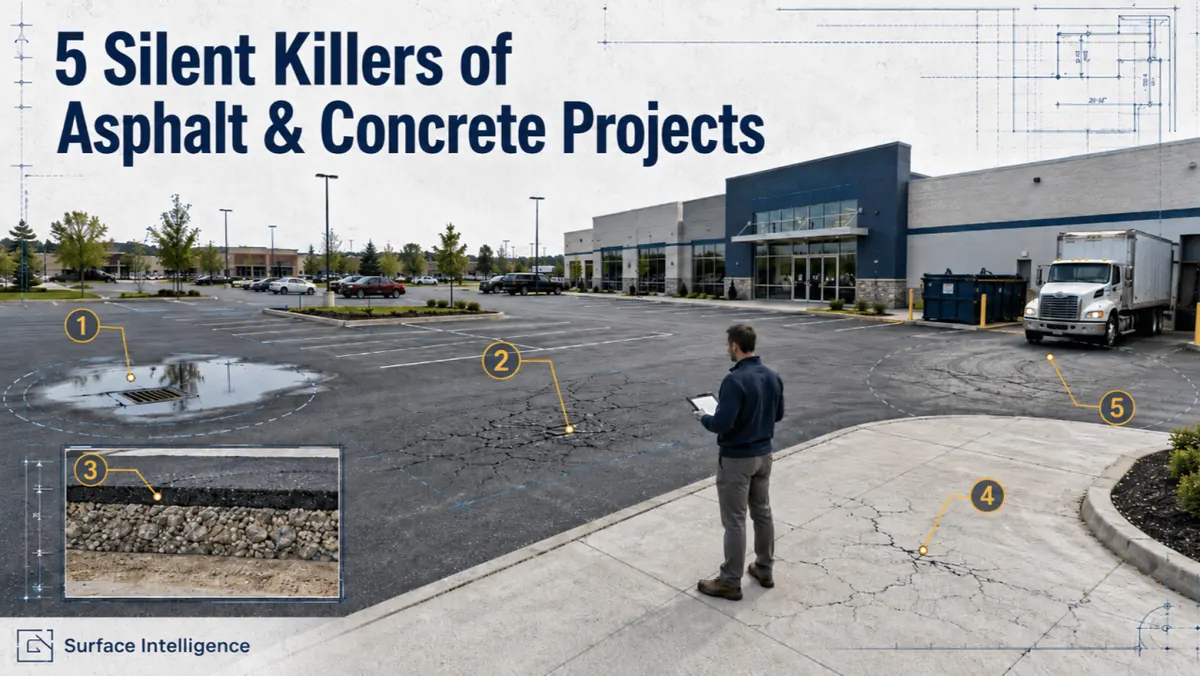 Illustration of a man with a tablet in a commercial parking lot with five numbered problem spots, under the headline “5 Silent Killers of Asphalt & Concrete Projects”