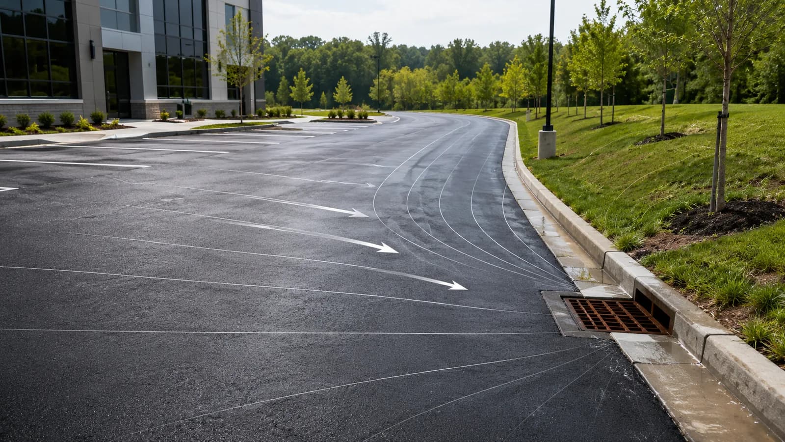 A commercial parking lot graded so runoff sheets across the pavement and along the curb line into a grated inlet, with flow paths traced over the surface.