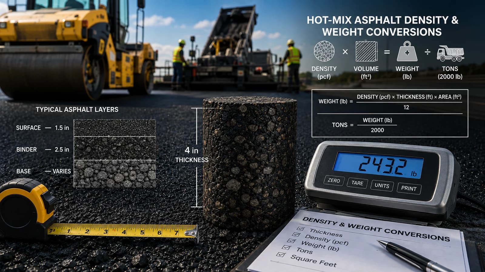 Asphalt core sample and tape measure showing a 4-inch compacted thickness beside a scale, a layer diagram of surface, binder, and base courses, and the density-to-tons conversion formula.