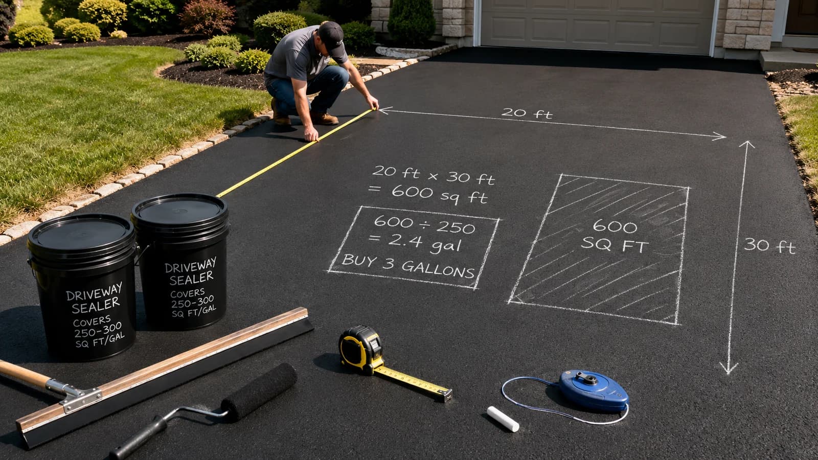 Homeowner measuring a residential driveway with a tape, with chalk math on the pavement working 20 by 30 feet to 600 square feet and 600 divided by 250 square feet per gallon to three gallons of sealer, next to two sealer pails and a squeegee.