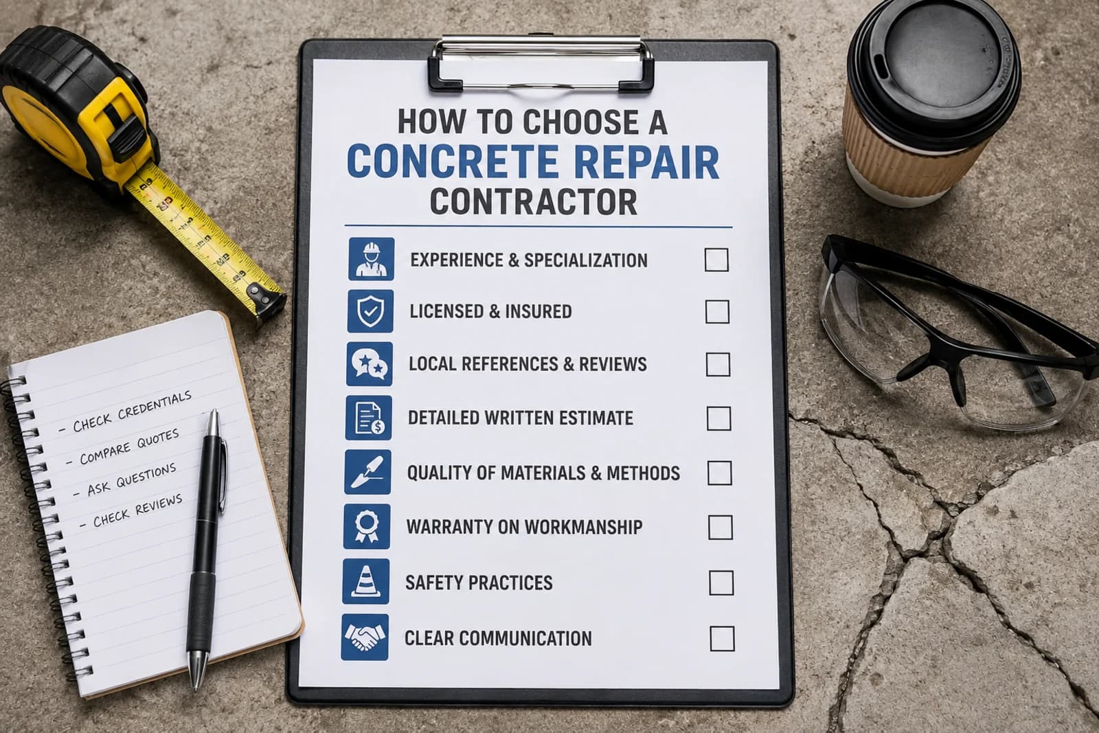 Clipboard checklist for choosing a concrete repair contractor — experience, license and insurance, references, written estimate, materials and methods, warranty, safety, and communication — laid on cracked concrete with a tape measure, notepad, and safety glasses.