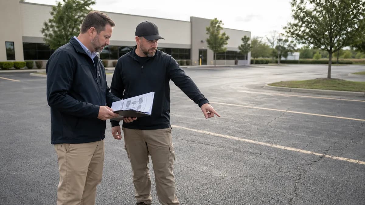 Two people reviewing a cracked commercial parking lot before a sealcoating project.