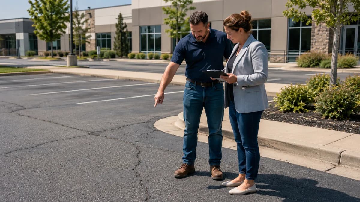 Property manager and asphalt paving contractor reviewing a cracked commercial parking lot together.