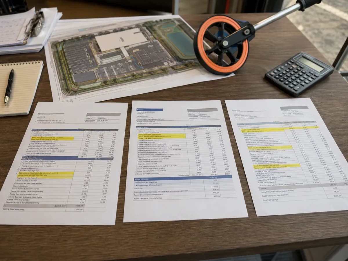 Three asphalt paving proposals laid out on a desk with a site plan, calculator, and measuring wheel.