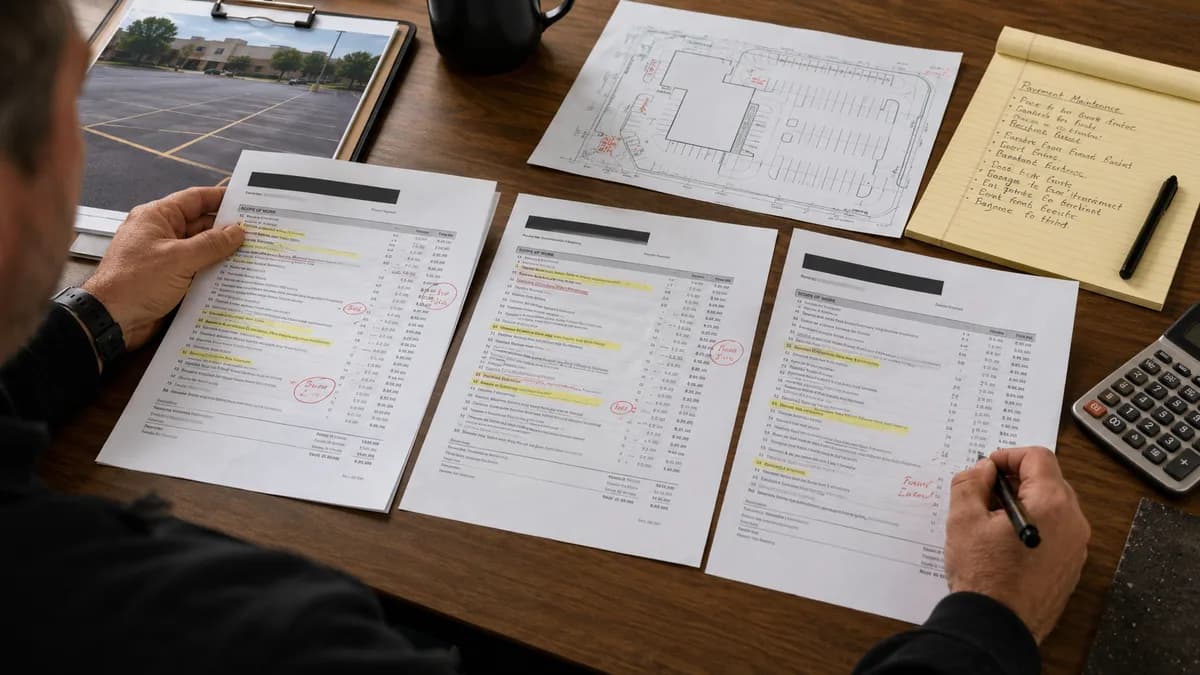 Three sealcoating proposals side by side on a desk with highlighted scope lines, a site plan, and a calculator.
