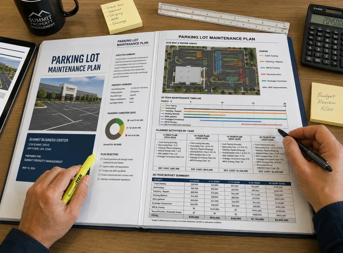 An open binder holding a parking lot maintenance plan, showing a property summary and pavement condition breakdown on the left page and a color-coded site map, twenty-year activity timeline, and budget table on the right.
