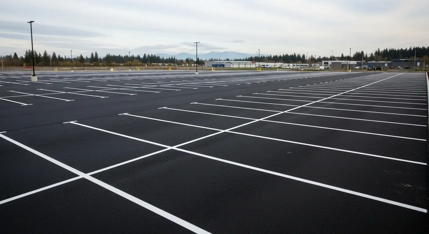 A large newly surfaced commercial parking lot, empty, with fresh white stall striping running to the tree line