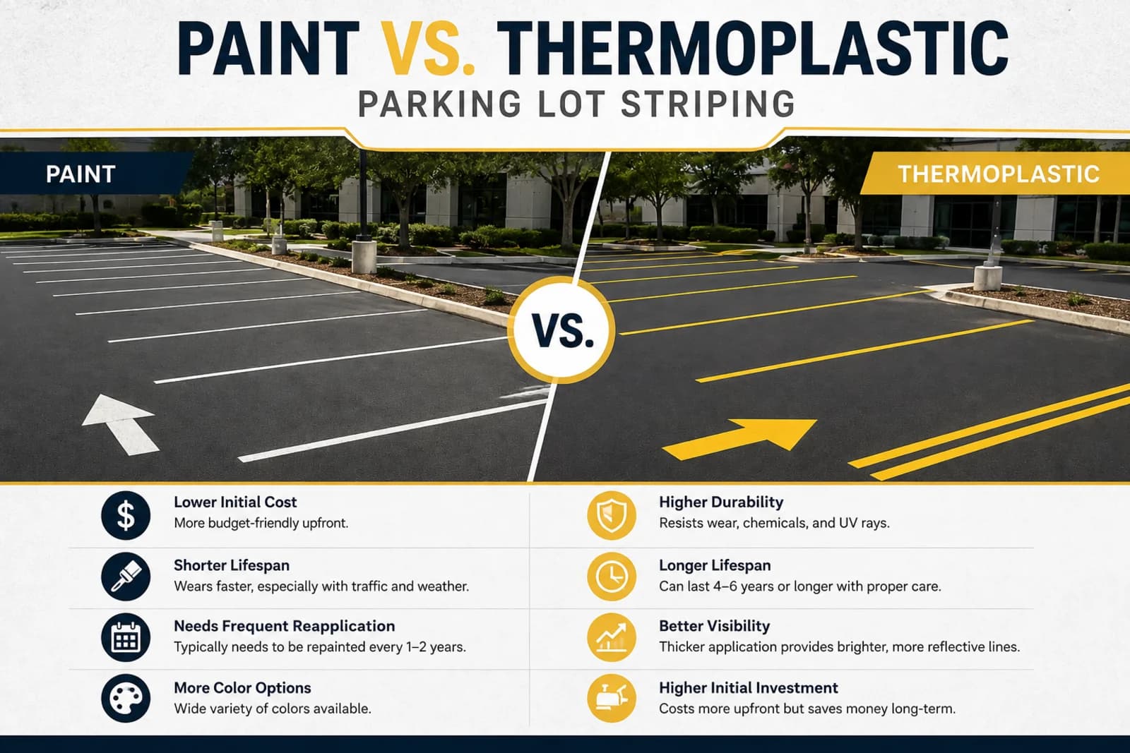 Split comparison of a parking lot striped in white paint and the same lot striped in yellow thermoplastic, with paired callouts for cost, lifespan, reapplication frequency, durability, and visibility.