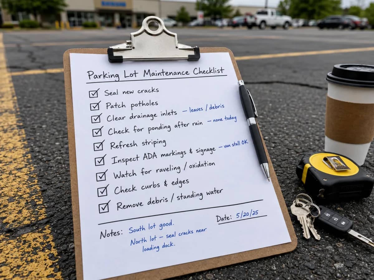 A handwritten parking lot maintenance checklist on a clipboard resting on cracked asphalt beside a faded yellow stall line, with items for sealing cracks, patching potholes, clearing drainage, checking for ponding, refreshing striping, and inspecting ADA markings all checked off and field notes added.